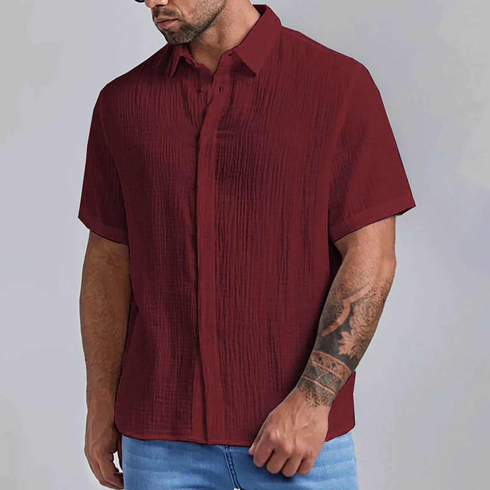 thumbnail image 3 of Camisa de manga corta con cuello cubano para hombre - Camisa informal con botones para bodas en la playa - Ropa de verano, 3 of 5